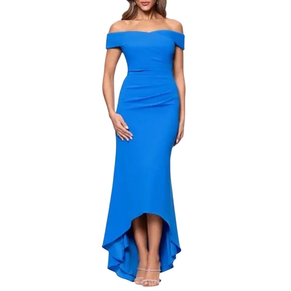 XSCAPE $249 Off the Shoulder High-Low Scuba Crepe blue Gown Size 4